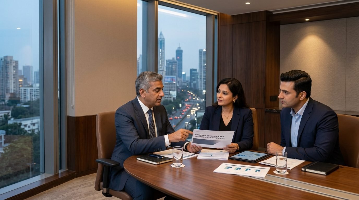 Indian company directors in a boardroom reviewing a corporate governance and business continuity strategy document
