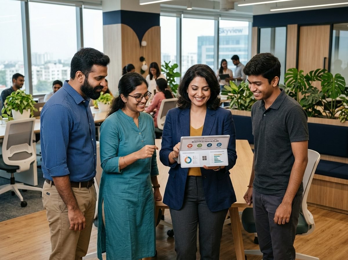 Indian employees and their business leader reviewing a workplace benefits and health plan tablet together