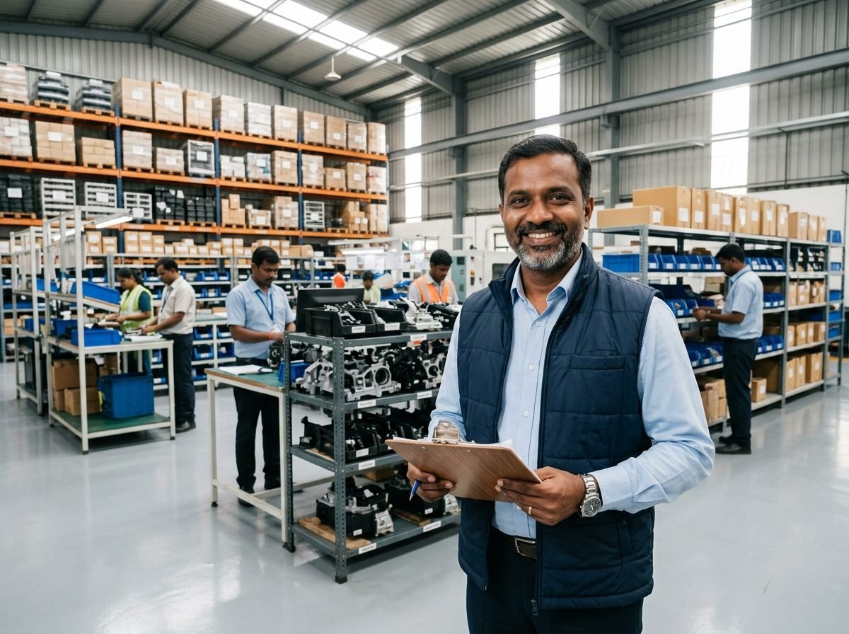 Indian MSME manufacturing floor manager holding a clipboard in front of business machinery and stock