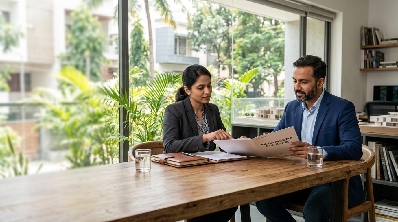 Two Indian business advisors reviewing a Business Protection and Risk Planning folder together at an office table