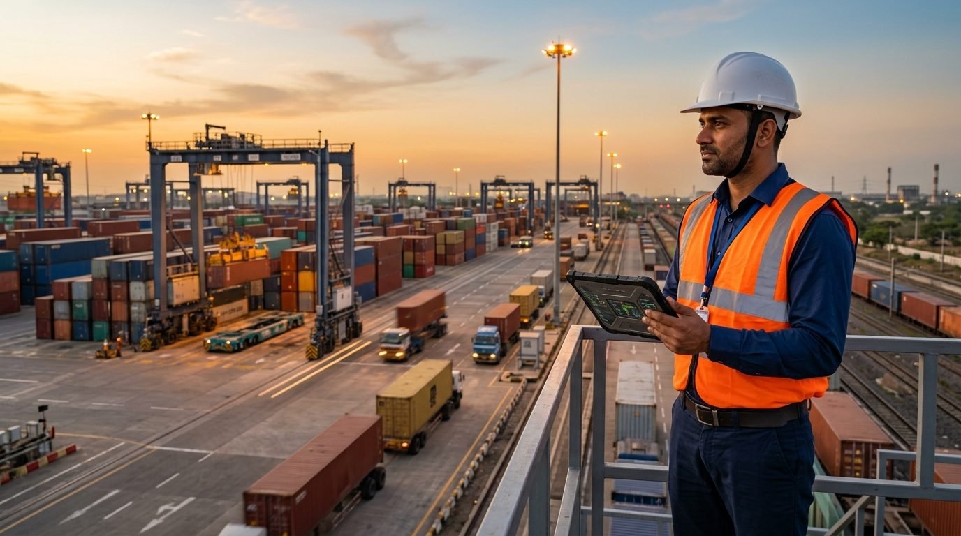 Indian logistics worker with a tablet overseeing a shipping container yard at dusk