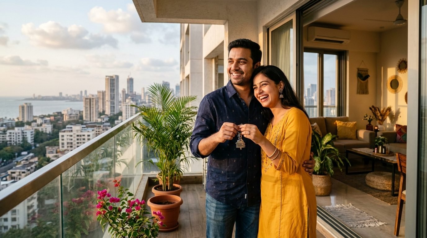 Smiling young Indian couple holding the keys to their new home on their apartment balcony