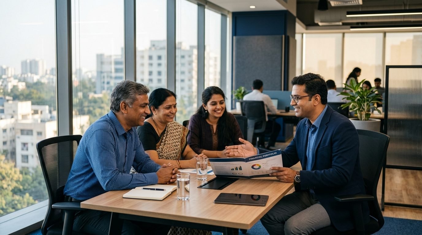 An Akshaya Finvest advisor discussing financial planning with a client in an office meeting.