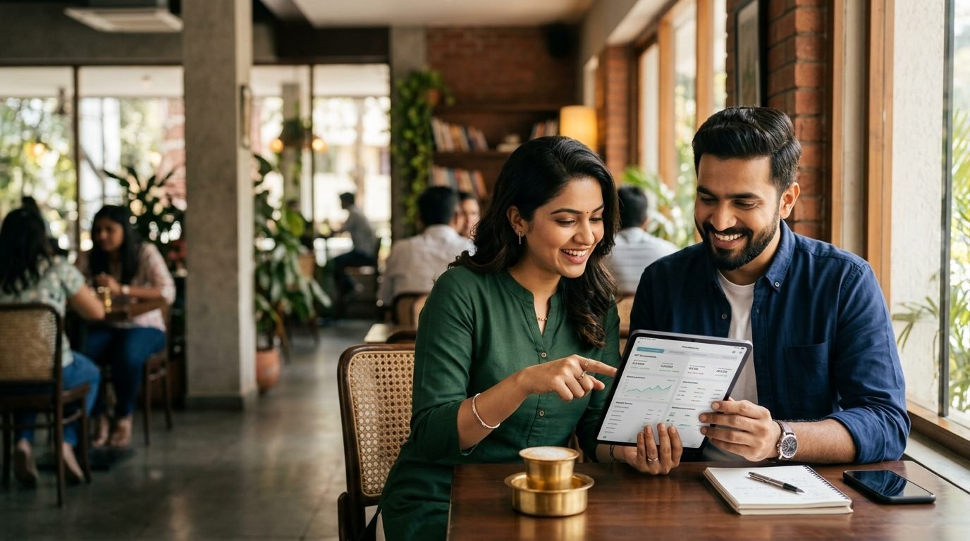 Indian couple reviewing systematic investment plan growth on a tablet together at a cafe
