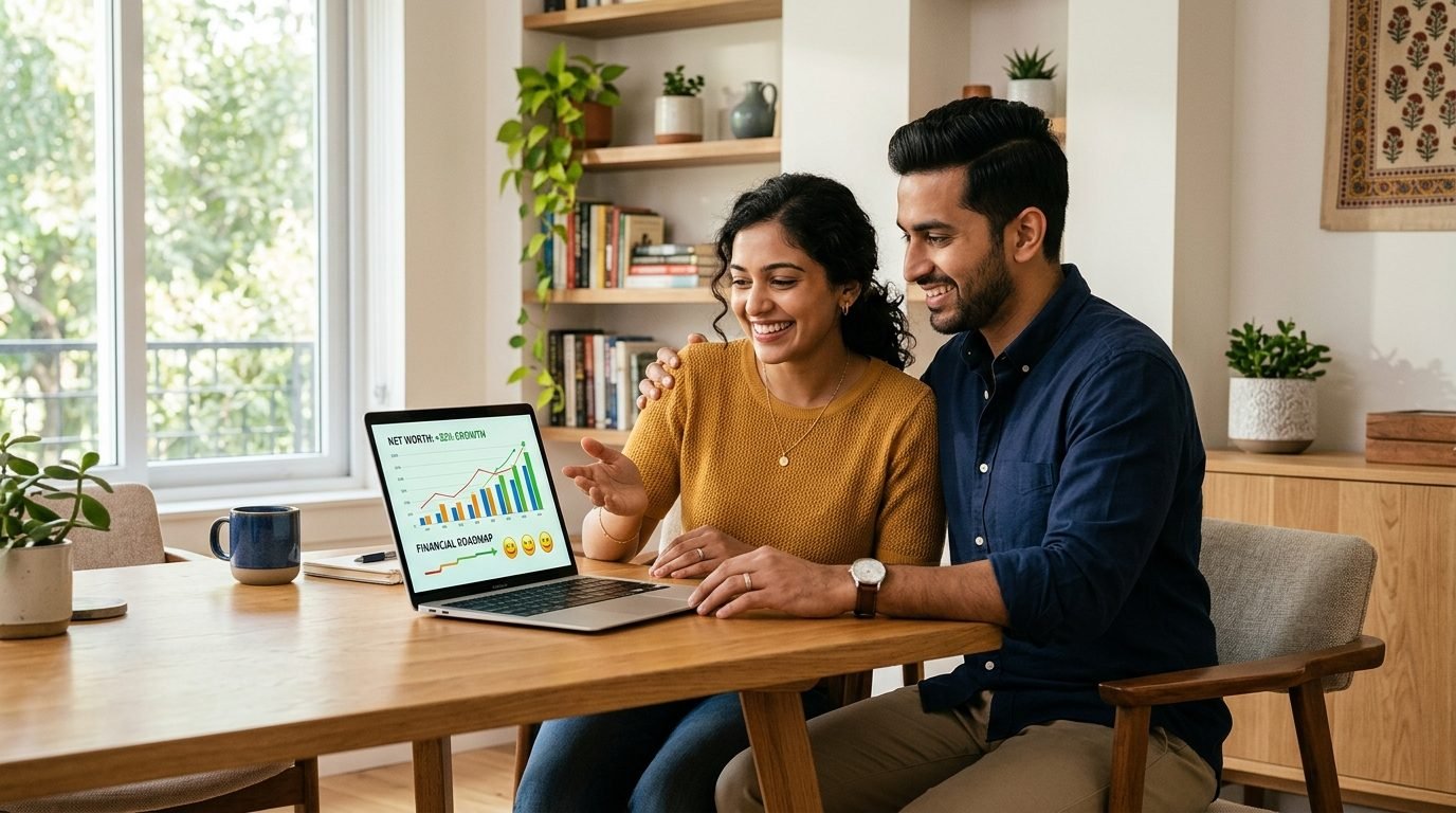 Indian couple at home smiling while reviewing a net-worth growth chart on a laptop