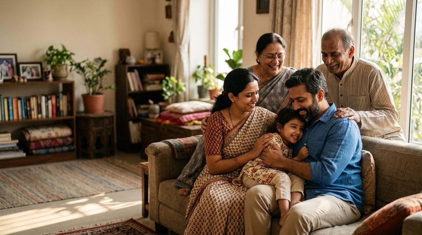 Three generations of an Indian family sitting together and laughing on a sofa at home