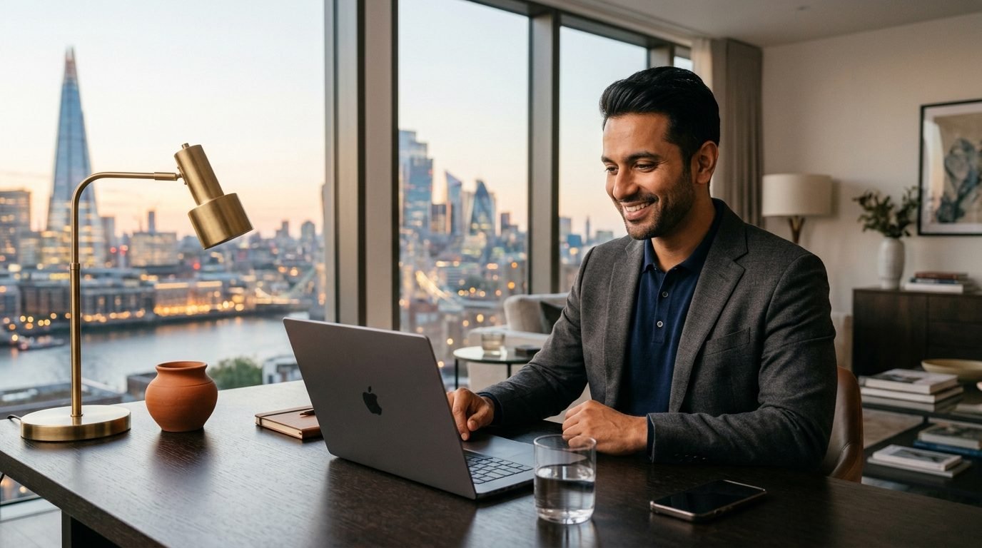 Indian NRI professional working on a laptop in the evening with a London city skyline visible through the window