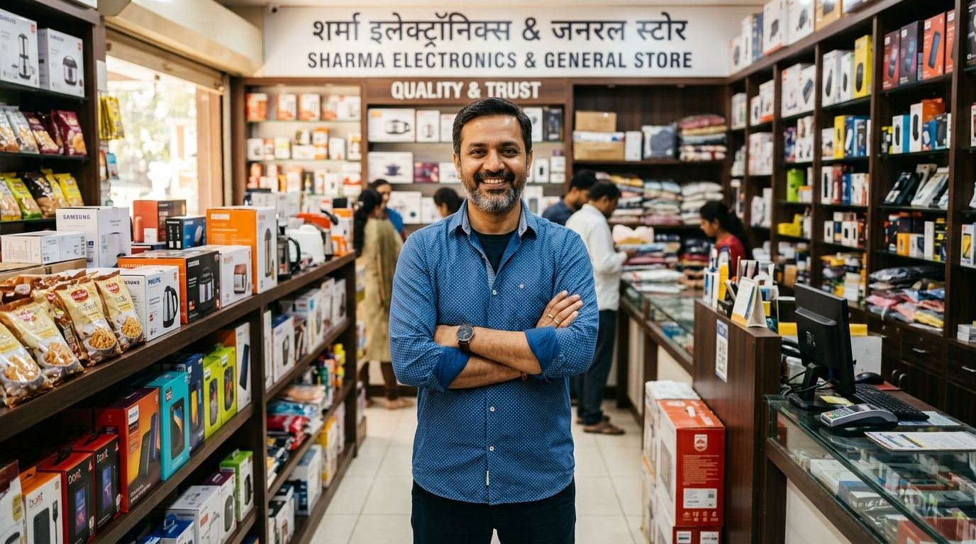Confident Indian MSME business owner standing proudly in his retail store