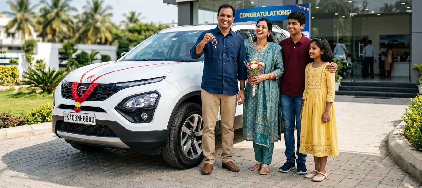 Proud Indian family receiving the keys to their new SUV car