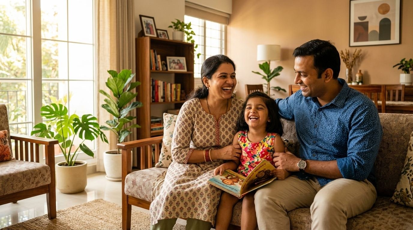 Indian family smiling together at home while reading with their young daughter