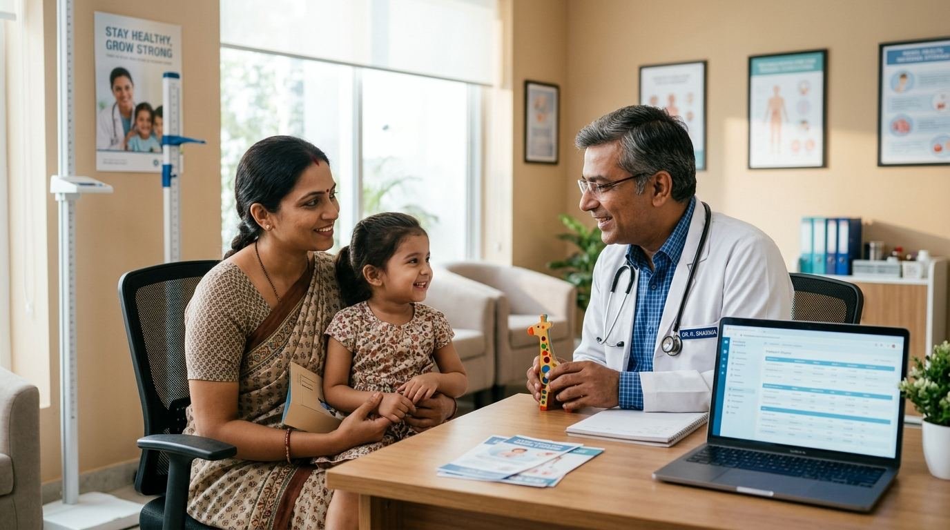 Indian mother and daughter smiling with their family doctor during a health check-up