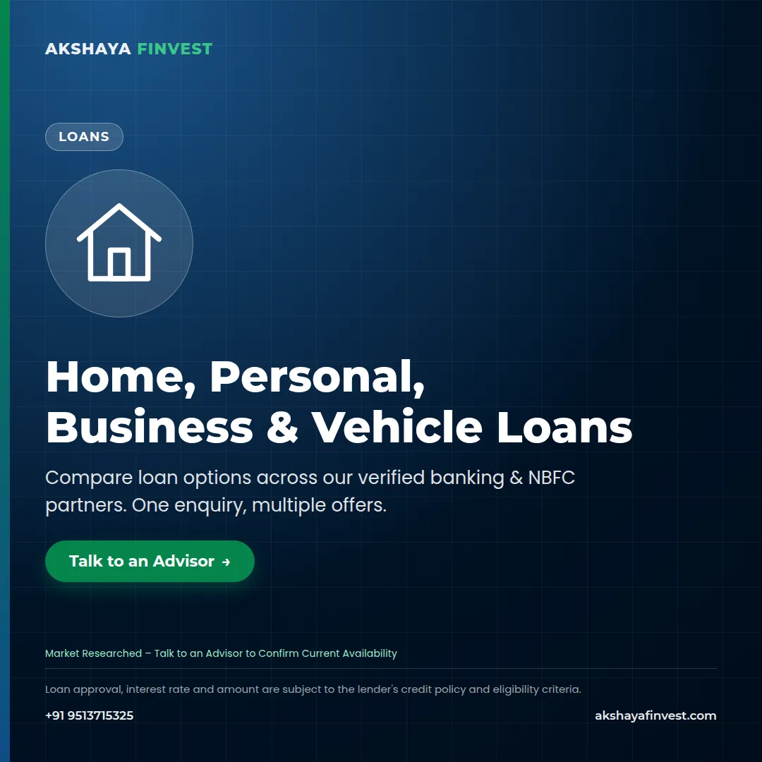 Akshaya Finvest loan poster listing Home, Personal, Business and Vehicle loan facilitation with an advisor contact call-to-action