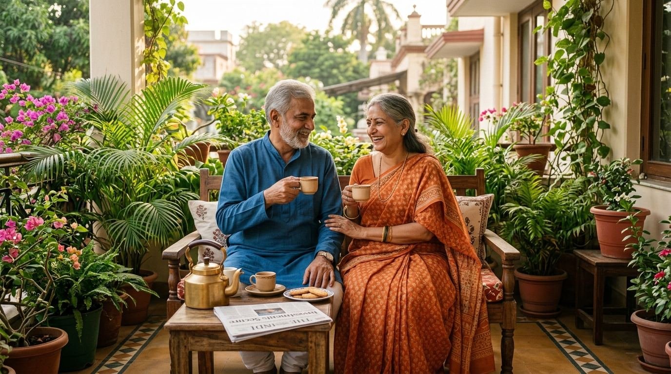 Happy retired Indian senior couple enjoying tea and peace of mind on sunny verandah