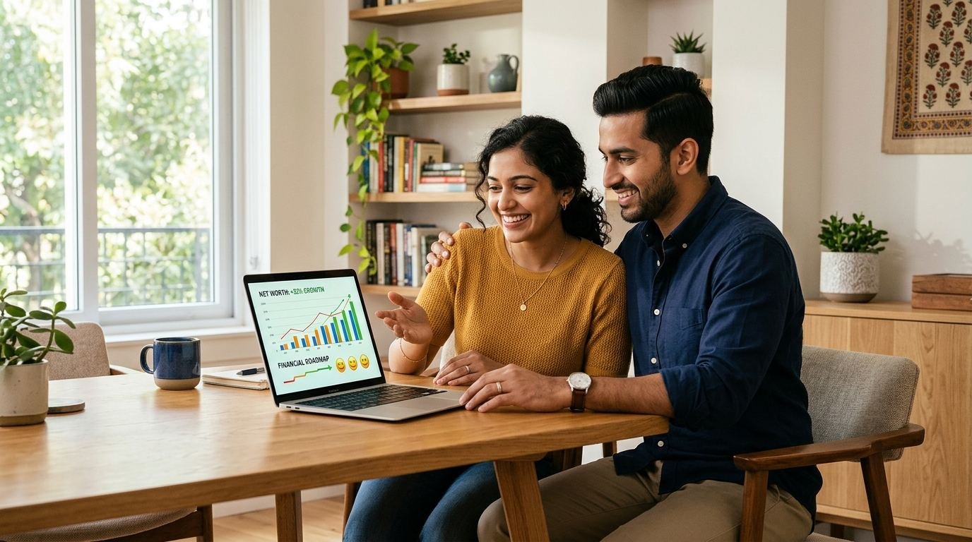 Young Indian couple reviewing their financial growth roadmap on a laptop at home